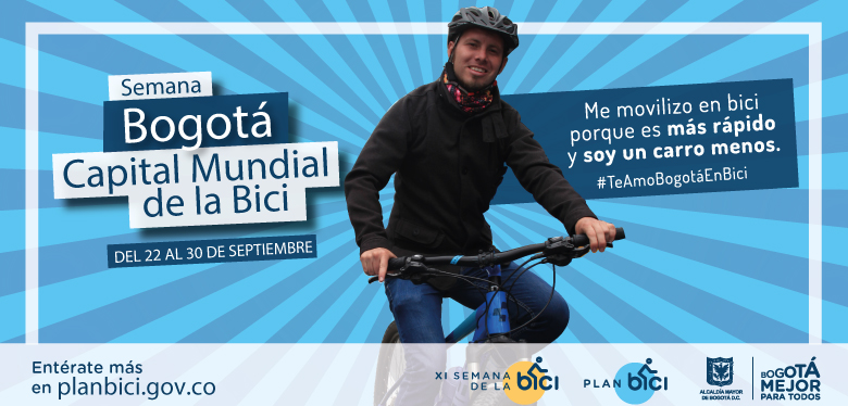 Joven en bicicleta con casco invitando a la XI semana de la bici